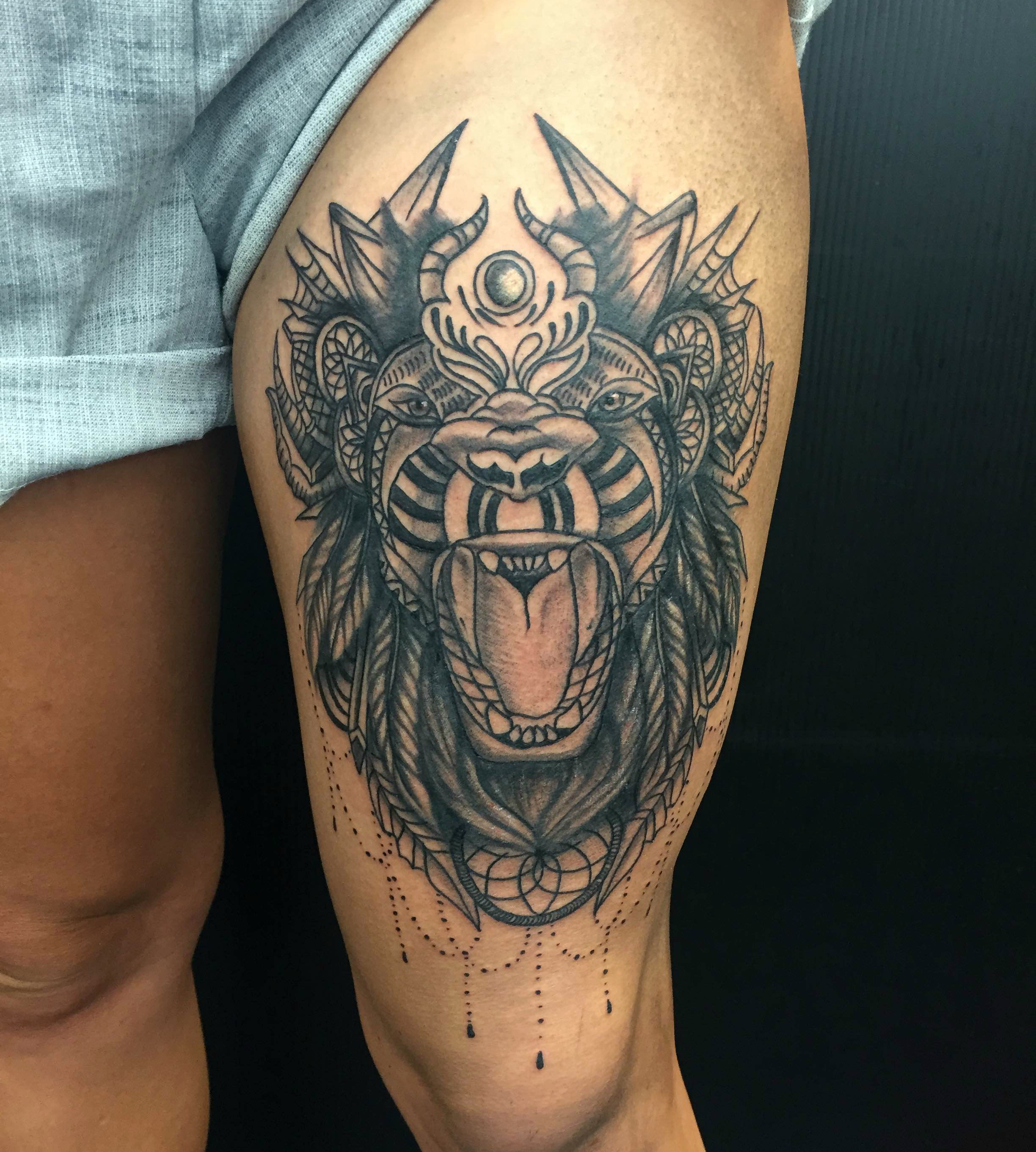 lion mandala thigh tattoo primitive tattoo ink - Primitive Tattoo