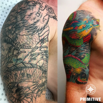 Japanese dragon cover-up tattoo, before and after – Primitive Tattoo Perth