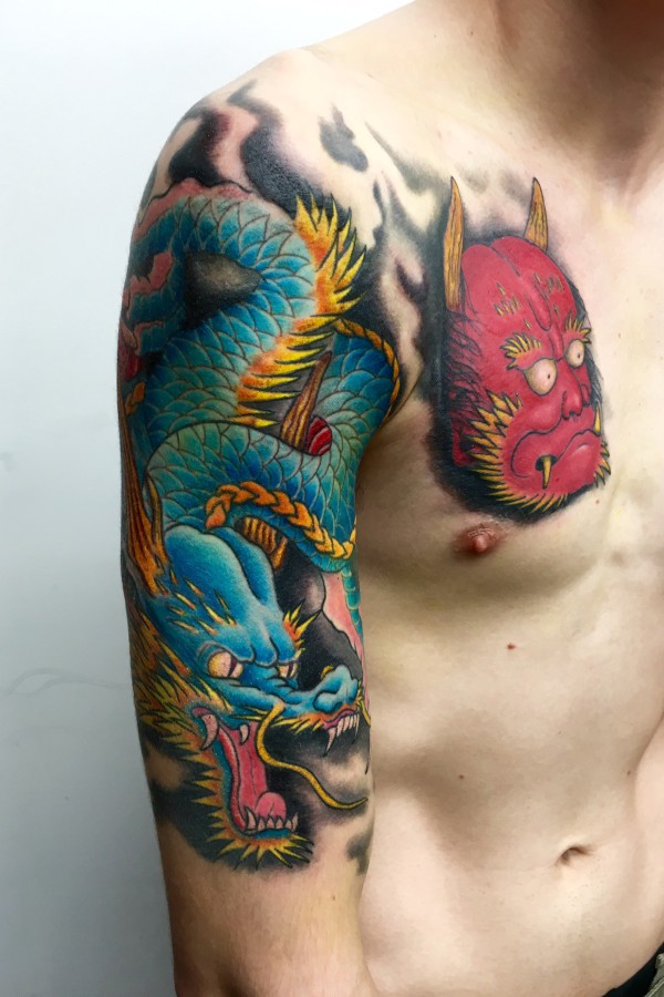 hannya mask japanese dragon colour chest sleeve tattoo