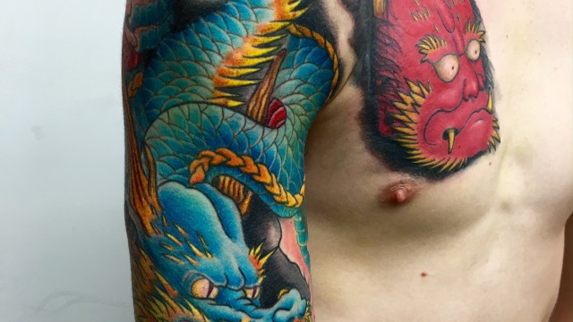 hannya mask japanese dragon colour chest sleeve tattoo