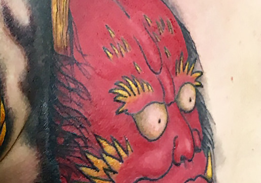 hannya mask japanese dragon colour chest sleeve tattoo-detail