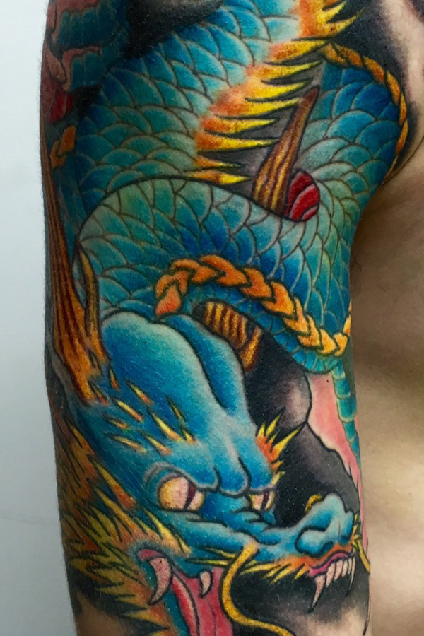 hannya mask japanese dragon colour chest sleeve tattoo-detail-dragon