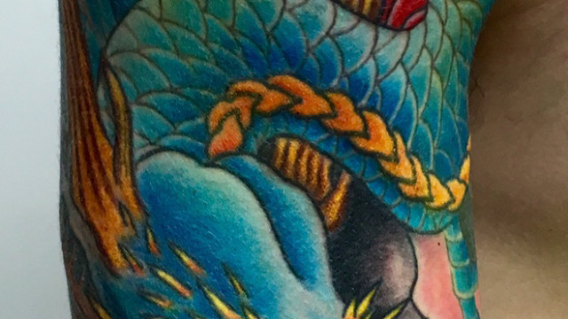 hannya mask japanese dragon colour chest sleeve tattoo-detail-dragon