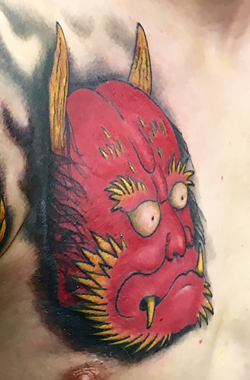 hannya mask japanese dragon colour chest sleeve tattoo-detail