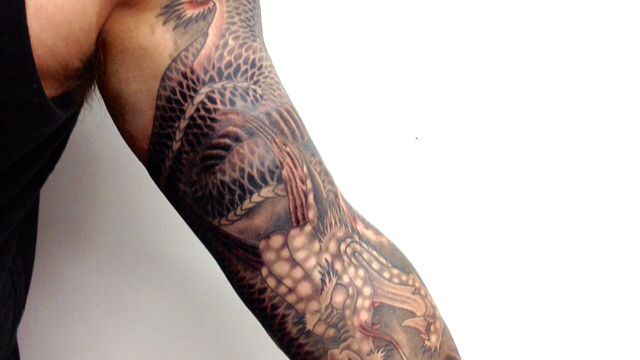 marc pinto primitive tattoo perth great snake tradtional colour ink tattooinspiration deisgn creative artist dragon colour half sleeve