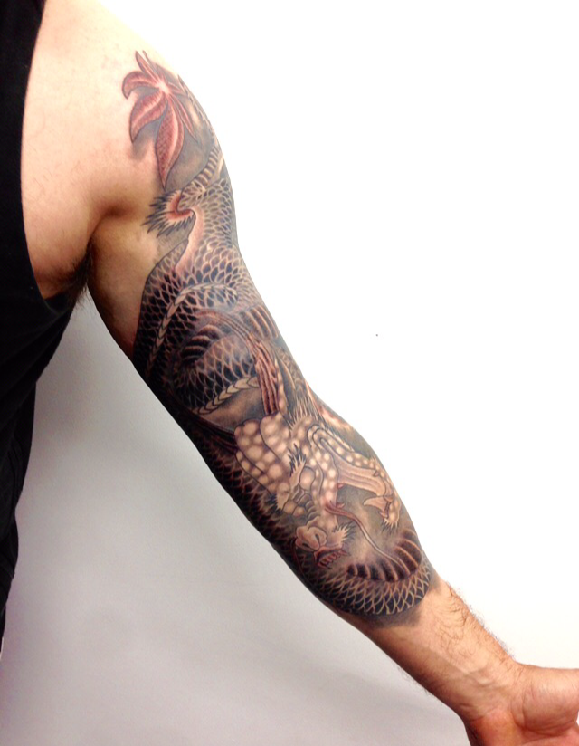 marc pinto primitive tattoo perth great snake tradtional colour ink  tattooinspiration deisgn creative artist dragon colour half sleeve -  Primitive Tattoo
