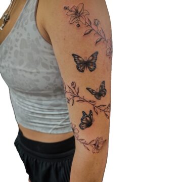 Fine line floral and butterfly arm tattoo – Primitive Tattoo Perth
