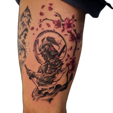 Samurai and cherry blossom thigh tattoo – Primitive Tattoo Perth