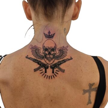 Black and grey skull, wings and crown neck tattoo – Primitive Tattoo Perth