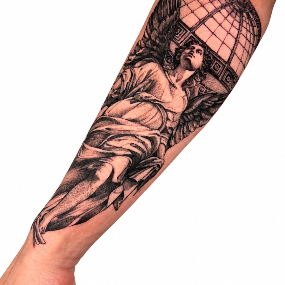 Black and grey angel and birdcage forearm tattoo – Primitive Tattoo Perth