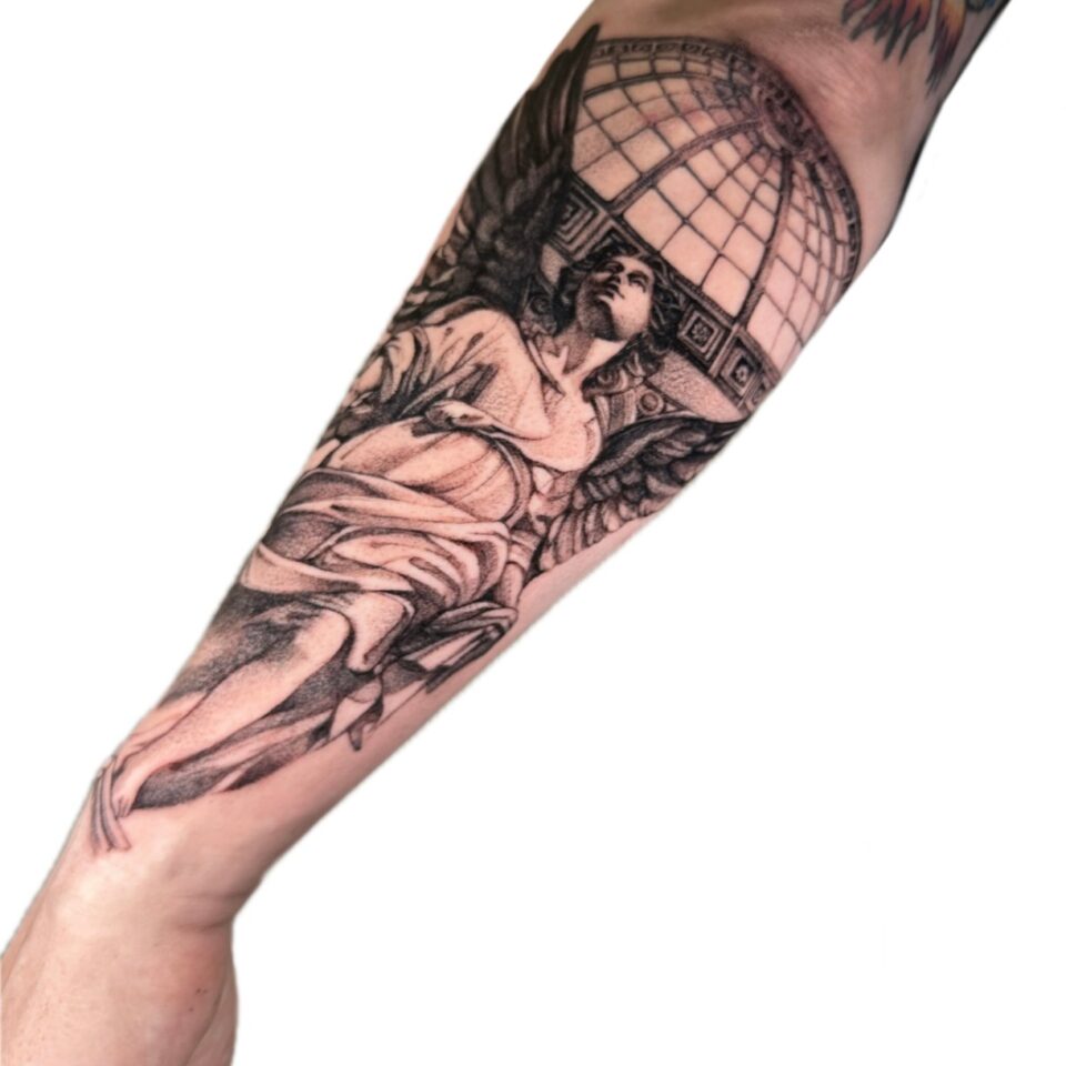 Black and grey angel and dome forearm tattoo by Artem, Primitive Tattoo Perth