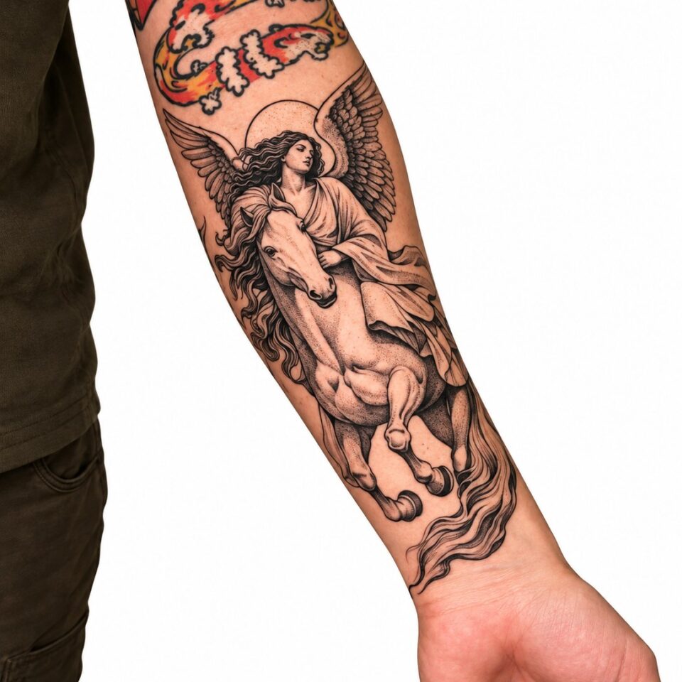 Black and grey angel forearm sleeve tattoo by Artem, Primitive Tattoo Perth