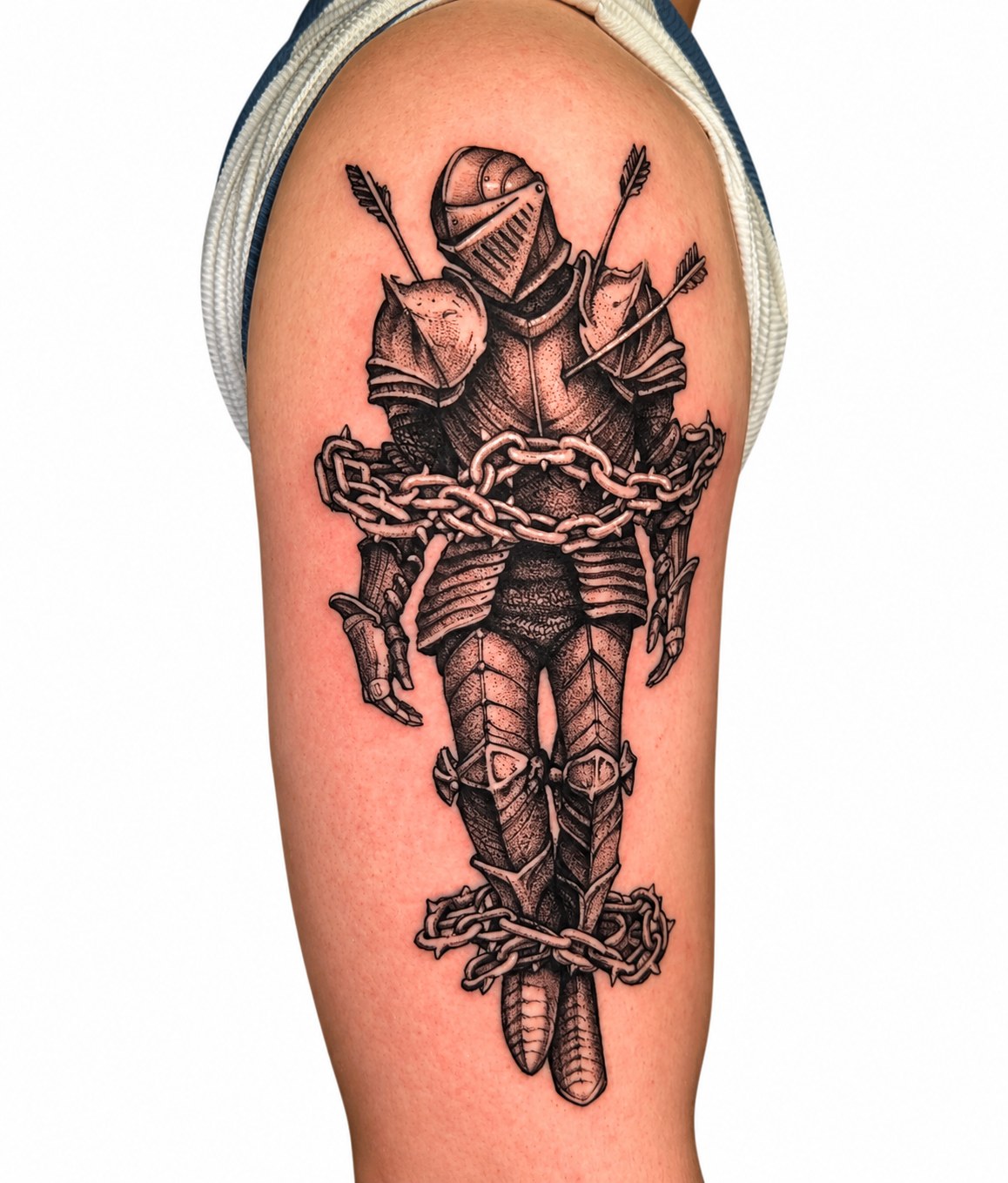 Black and grey armoured knight upper arm tattoo by Artem, Primitive Tattoo Perth