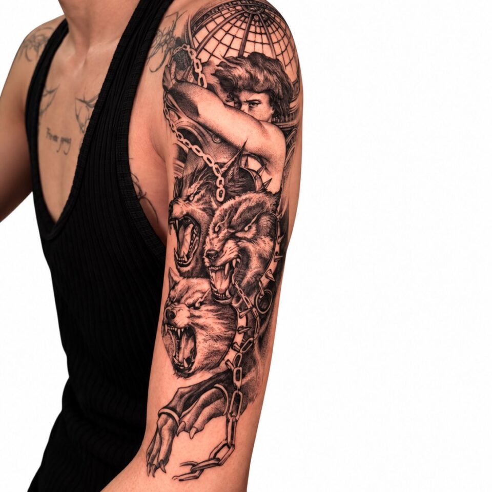 Black and grey classical figure arm sleeve tattoo by Artem, Primitive Tattoo Perth