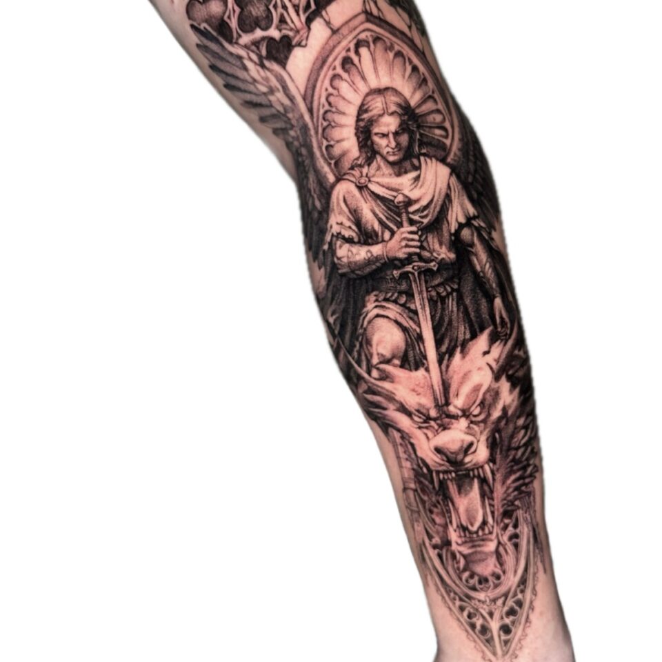 Black and grey classical full sleeve tattoo by Artem, Primitive Tattoo Perth