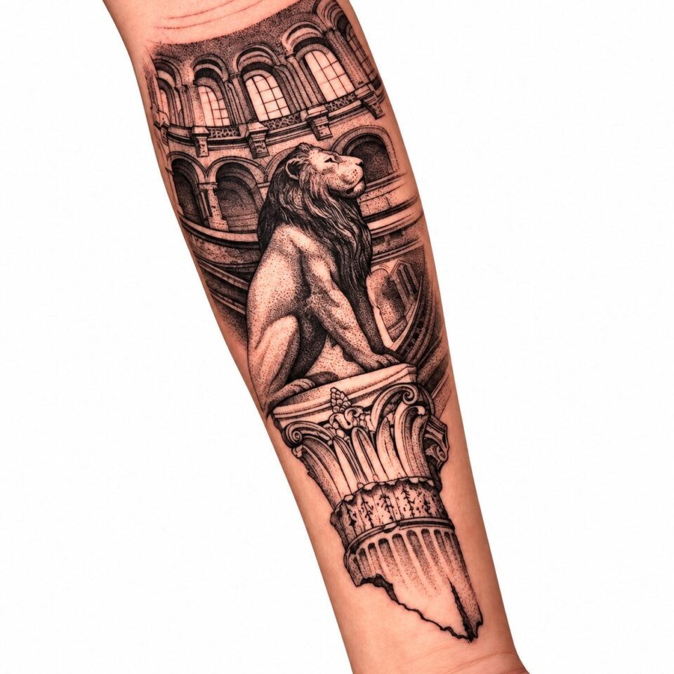 Black and grey classical statue forearm tattoo by Artem, Primitive Tattoo Perth