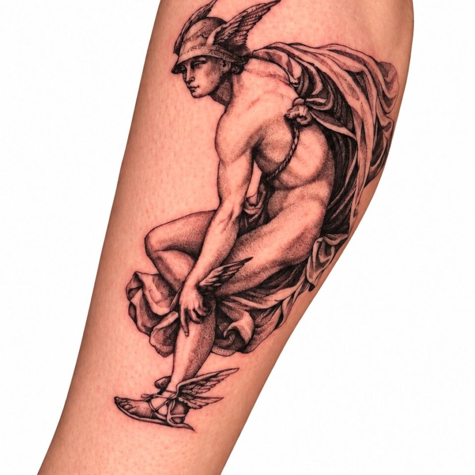 Black and grey Hermes forearm tattoo by Artem, Primitive Tattoo Perth
