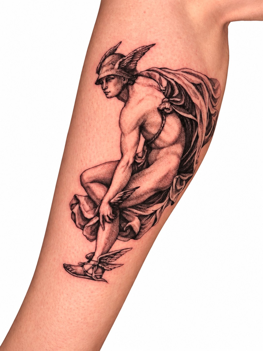 Black and grey Hermes forearm tattoo by Artem, Primitive Tattoo Perth