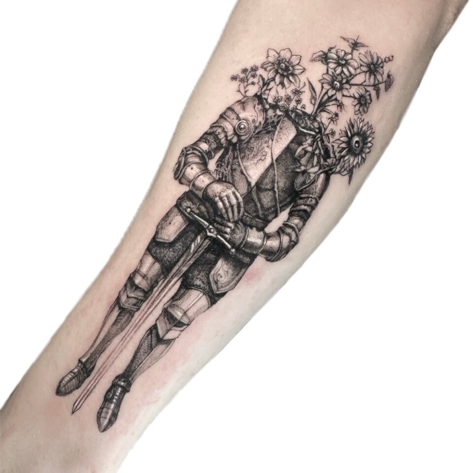 Black and grey knight and flowers forearm tattoo by Artem, Primitive Tattoo Perth