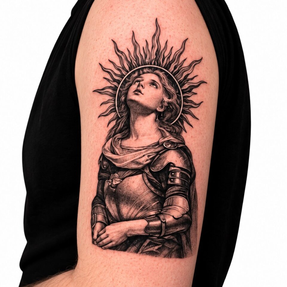 Black and grey Madonna upper arm tattoo by Artem, Primitive Tattoo Perth