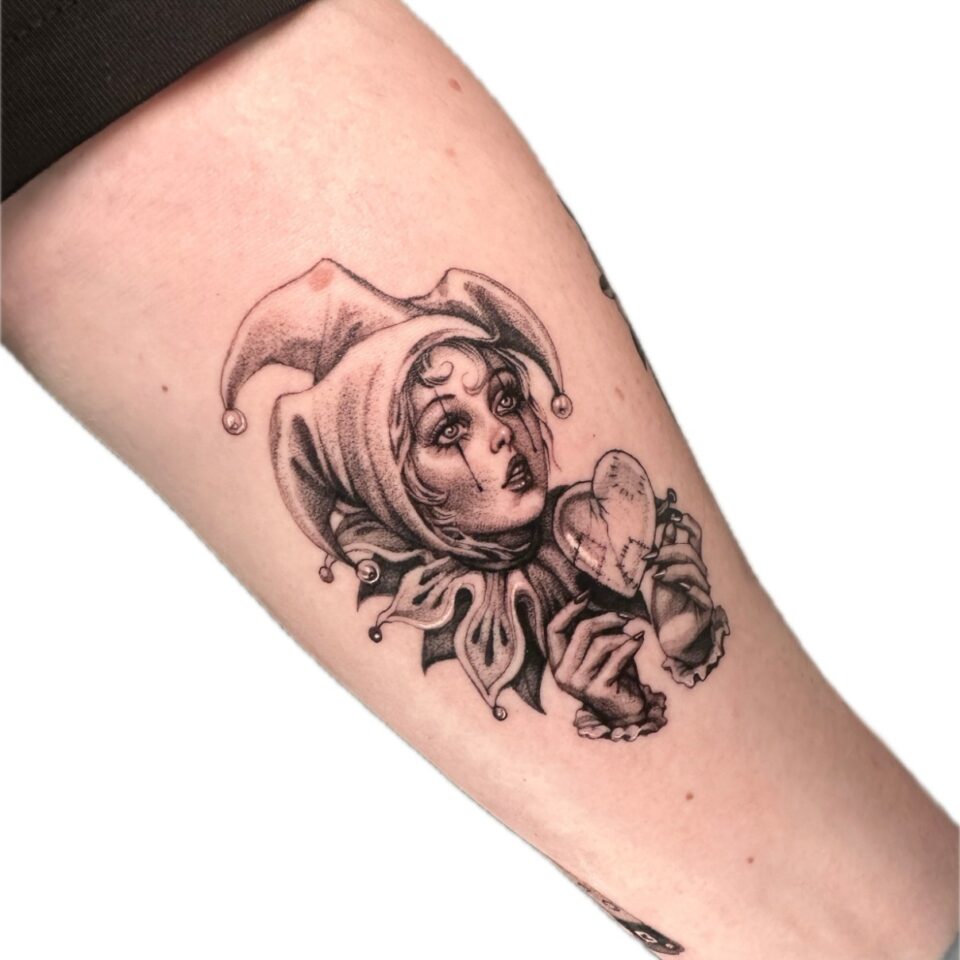 Black and grey portrait forearm tattoo by Artem, Primitive Tattoo Perth