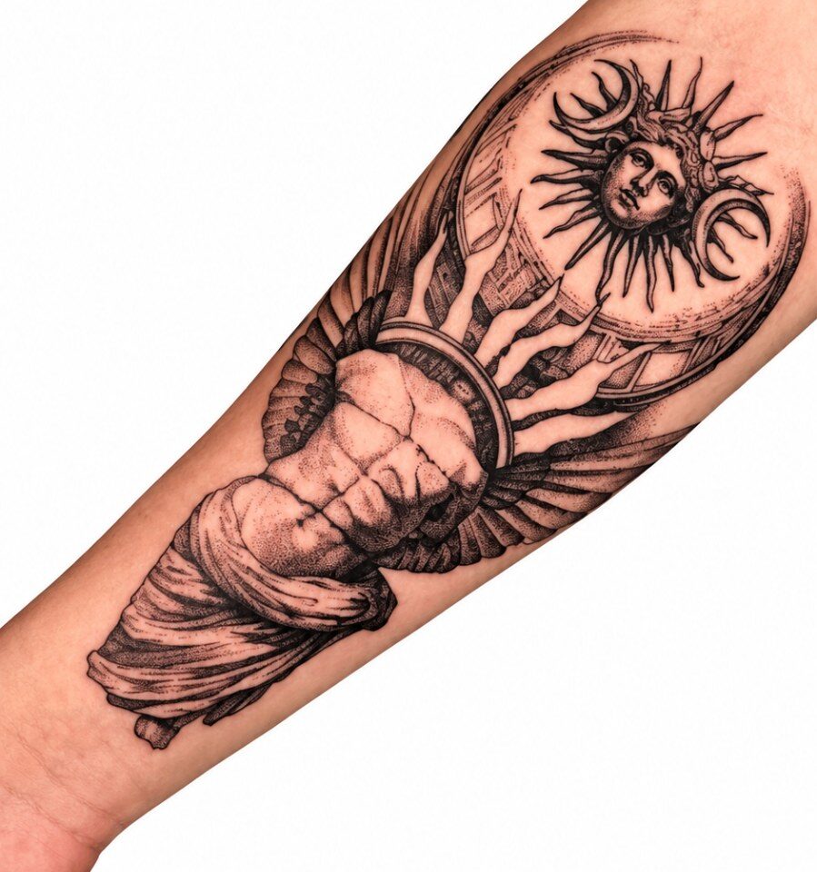 Black and grey sun and classical forearm tattoo by Artem, Primitive Tattoo Perth