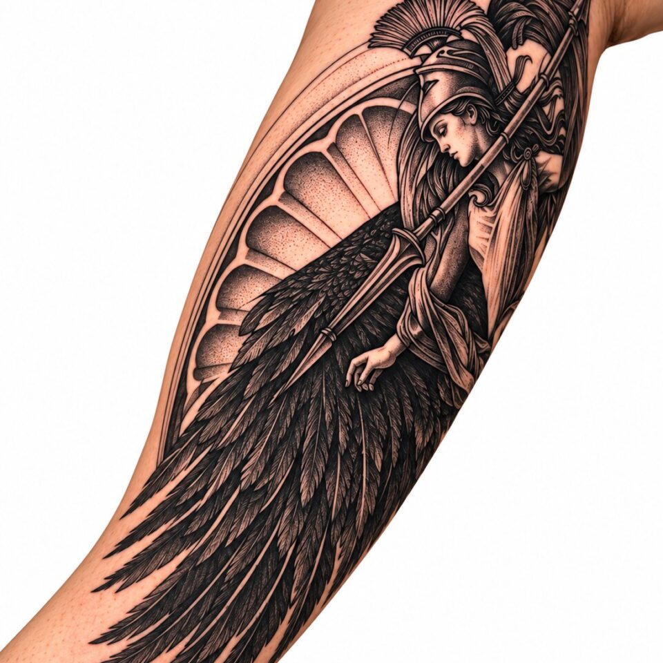 Black and grey winged angel forearm tattoo by Artem, Primitive Tattoo Perth