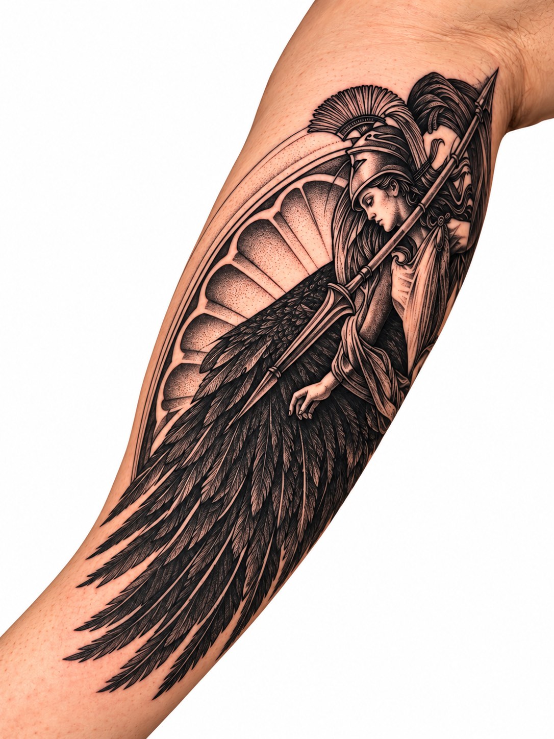 Black and grey winged angel forearm tattoo by Artem, Primitive Tattoo Perth