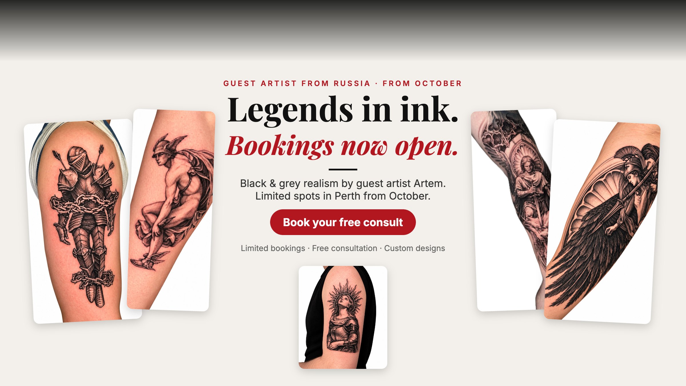 Guest tattoo artist Artem, black and grey realism, limited bookings now open at Primitive Tattoo Perth
