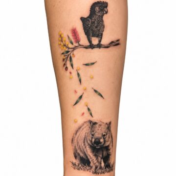 Black and grey bird and bear forearm tattoo – Primitive Tattoo Perth