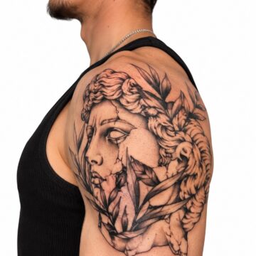 Black and grey Greek statue shoulder tattoo – Primitive Tattoo Perth