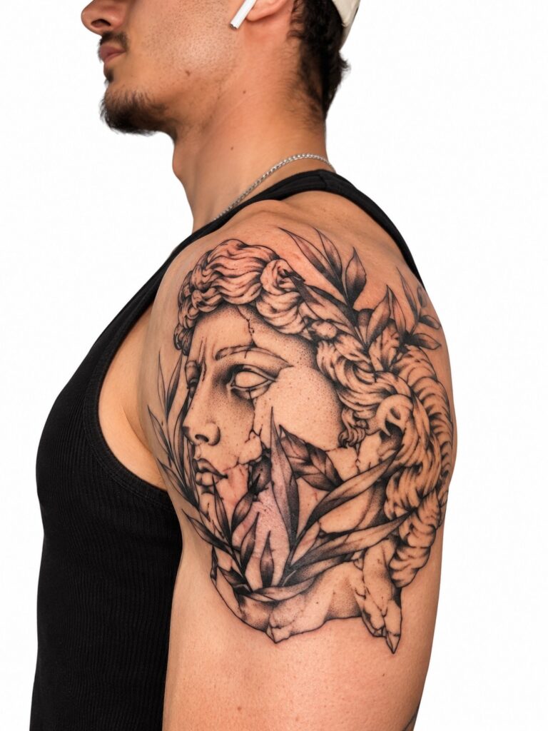 Black and grey Greek statue shoulder tattoo – Primitive Tattoo Perth
