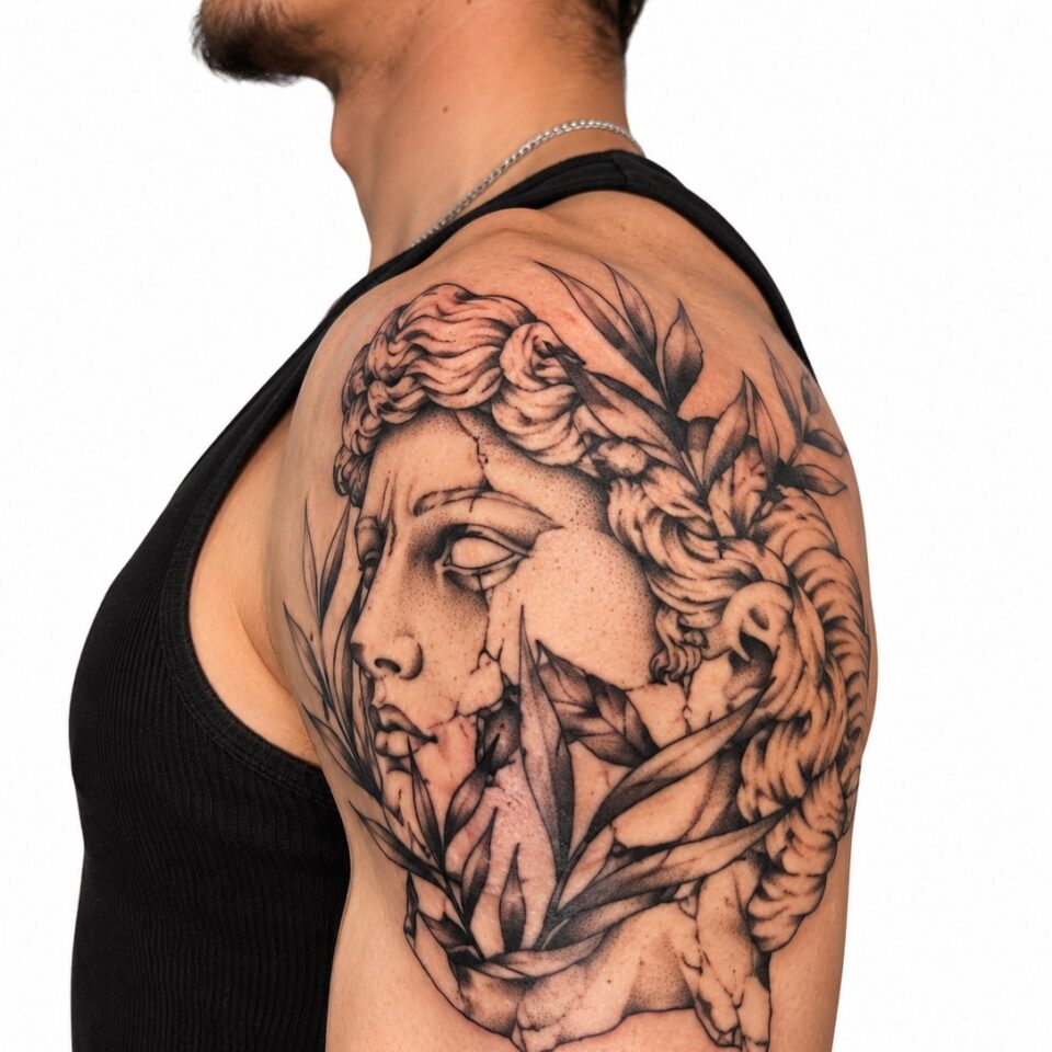 Black and grey Greek statue shoulder tattoo – Primitive Tattoo Perth