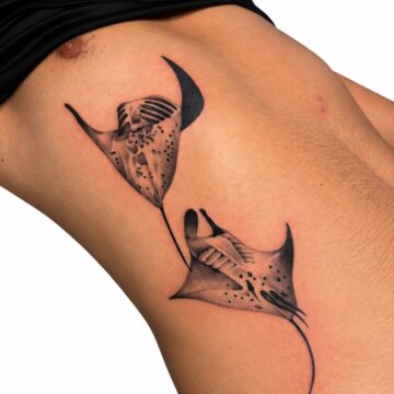 Black and grey manta ray rib tattoo – Primitive Tattoo Perth