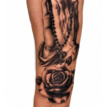 Black and grey praying hands, rosary and rose forearm tattoo – Primitive Tattoo Perth
