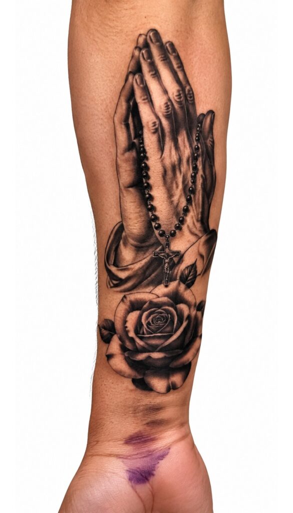 Black and grey praying hands, rosary and rose forearm tattoo – Primitive Tattoo Perth