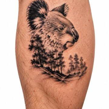 black-and-grey-realism-koala-and-forest-calf-tattoo-perth