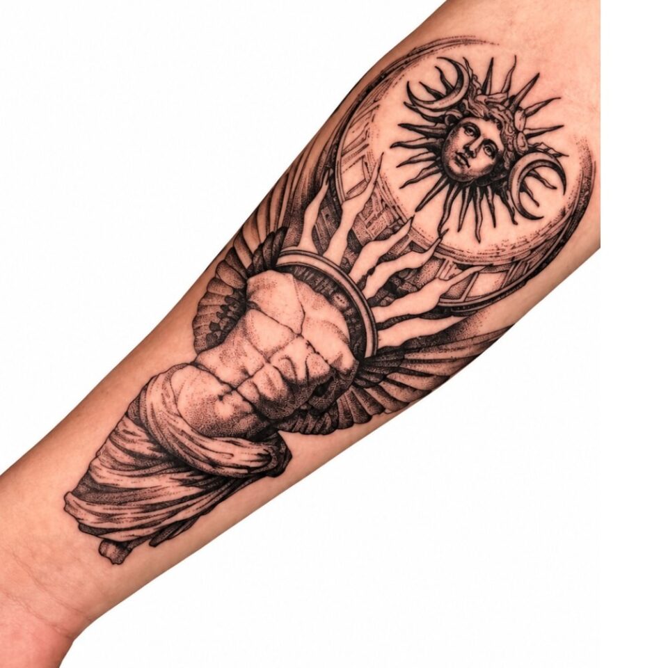 Black and grey sun and classical forearm tattoo – Primitive Tattoo Perth