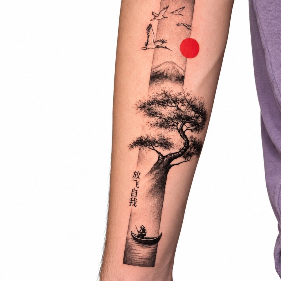 Fine line bonsai tree and red sun forearm tattoo – Primitive Tattoo Perth
