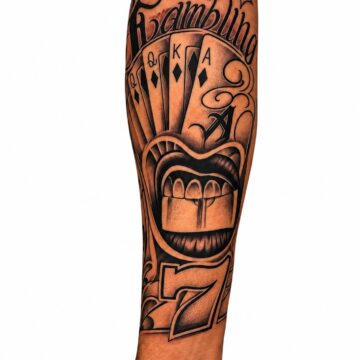 Chicano style gambling forearm tattoo with lettering – Primitive Tattoo Perth