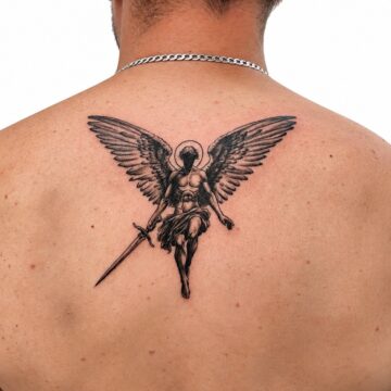 Fine line angel and sword upper back tattoo – Primitive Tattoo Perth