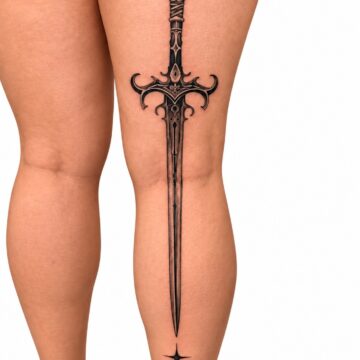 Fine line ornate sword tattoo on the back of the legs – Primitive Tattoo Perth
