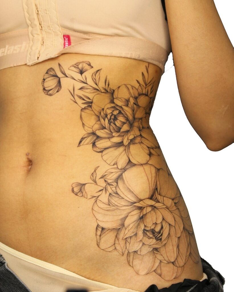 Fine line peony floral rib tattoo, Primitive Tattoo Perth