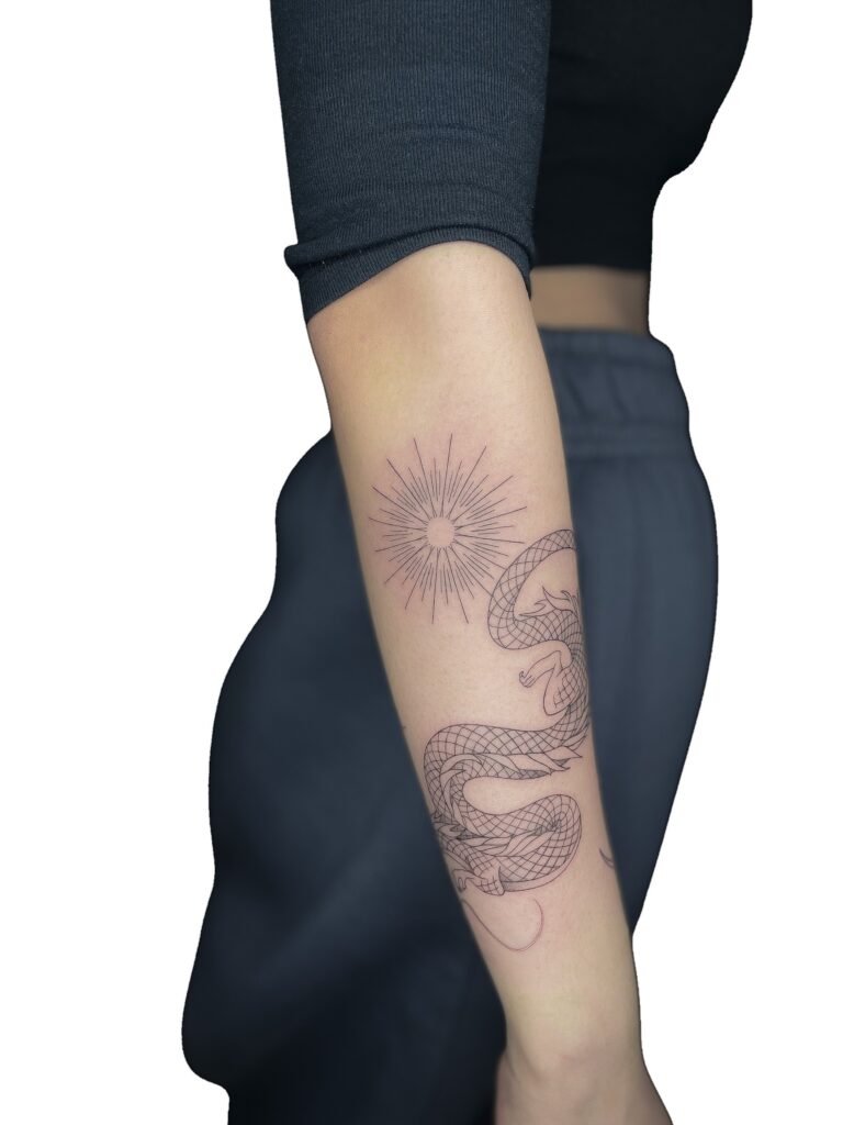 Fine line sun and snake forearm tattoo – Primitive Tattoo Perth