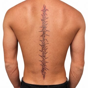 Fine line thorn spine back tattoo – Primitive Tattoo Perth