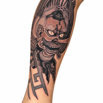 Japanese black and grey leg tattoo – Primitive Tattoo Perth