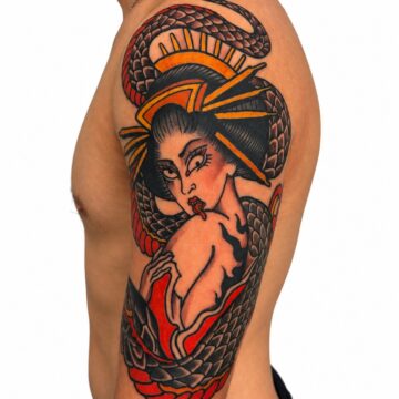 Japanese colour snake geisha sleeve tattoo – Primitive Tattoo Perth