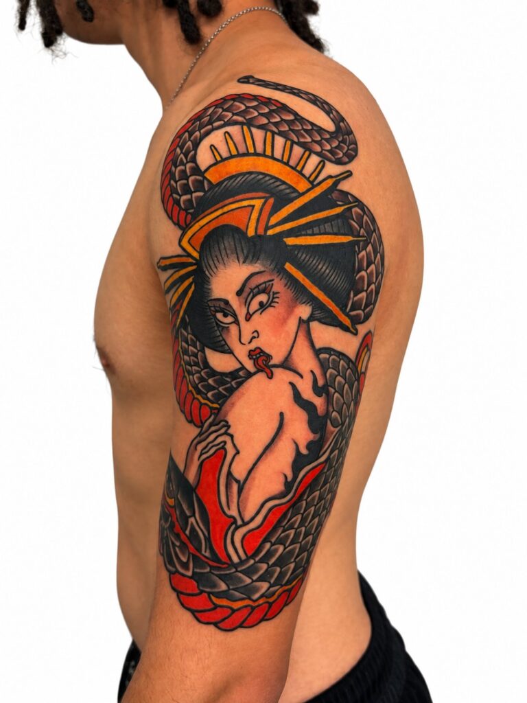 Japanese colour snake geisha sleeve tattoo – Primitive Tattoo Perth