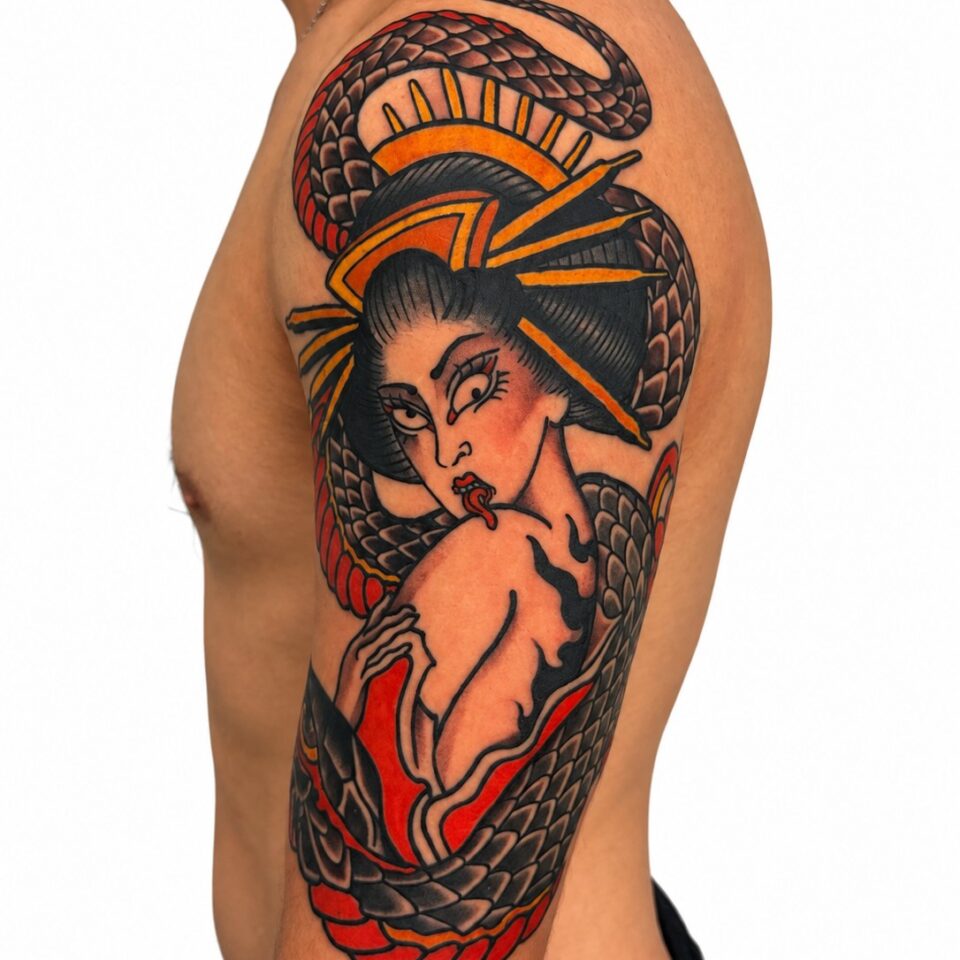 Japanese colour snake geisha sleeve tattoo – Primitive Tattoo Perth
