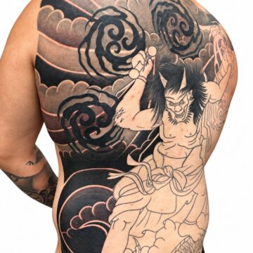 Japanese Raijin thunder god back piece tattoo (work in progress) by Marc Pinto – Primitive Tattoo Perth